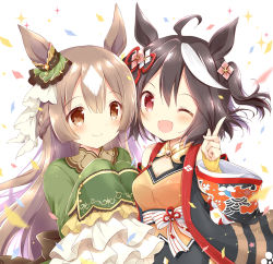 Rule 34 | 2girls, ;d, ahoge, animal ears, black hair, blush, breasts, brown eyes, brown hair, cleavage, closed mouth, commentary request, confetti, green jacket, hand up, horse ears, index finger raised, jacket, kitasan black (umamusume), long hair, long sleeves, medium breasts, multicolored hair, multiple girls, nanase miori, one eye closed, open clothes, open mouth, red eyes, satono diamond (umamusume), simple background, sleeves past fingers, sleeves past wrists, smile, sparkle, streaked hair, two-tone hair, two side up, umamusume, upper body, very long hair, white background, white hair, wide sleeves