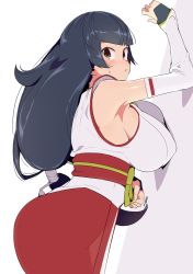 Rule 34 | 1girl, arm up, bare shoulders, black hair, blunt bangs, breasts, brown eyes, commentary request, covered erect nipples, creatures (company), detached sleeves, from side, game freak, long hair, looking at viewer, looking to the side, nintendo, official alternate costume, pokemon, pokemon masters ex, red sash, red skirt, sabrina (new year&#039;s 2022) (pokemon), sabrina (pokemon), sash, shiny skin, shirt, skirt, sleeveless, sleeveless shirt, solo, tottotonero, white background, white shirt