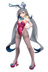 Rule 34 | 1girl, ahoge, animal ears, aqua bow, aqua bowtie, blue hair, bow, bowtie, breasts, covered navel, detached collar, fake animal ears, fishnet pantyhose, fishnets, grey eyes, grey hair, grey pantyhose, hair between eyes, headgear, highleg, highleg leotard, highres, kantai collection, kiyoshimo (kancolle), leotard, long hair, low twintails, moke ro, multicolored hair, pantyhose, playboy bunny, purple footwear, purple leotard, rabbit ears, revision, rigging, rudder footwear, simple background, small breasts, smile, strapless, strapless leotard, thighband pantyhose, twintails, uchuu senkan yamato, uchuu senkan yamato 2199, very long hair, white background, wrist cuffs