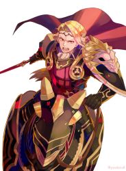 Rule 34 | 1boy, armor, blonde hair, cape, cloud, cloudy sky, fire emblem, fire emblem fates, gloves, highres, holding, holding sword, holding weapon, horseback riding, incoming attack, looking at viewer, nintendo, open mouth, riding, sky, slashing, sword, weapon, xander (fire emblem), yasubaru, yellow eyes