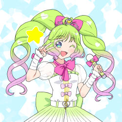 Rule 34 | 1girl, ;d, blue background, blue eyes, bow, commentary request, detached sleeves, dress, frilled dress, frills, gradient hair, green hair, hair bow, hamuno, heart, highres, holding, holding microphone, laalulu, long hair, looking at viewer, microphone, multicolored hair, one eye closed, open mouth, pink bow, pretty series, pripara, puffy short sleeves, puffy sleeves, purple hair, see-through, see-through sleeves, short sleeves, smile, solo, standing, star (symbol), twintails, v, v over eye