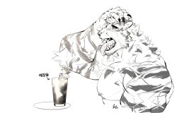 Rule 34 | 1boy, animal ears, arknights, bara, blue eyes, cocktail glass, completely nude, cropped torso, cup, drinking glass, from side, furry, furry male, greyscale, highres, korean text, large pectorals, male focus, monochrome, mountain (arknights), muscular, muscular male, nipples, nude, pectorals, ppyong, scar, scar across eye, scar on face, short hair, solo, spot color, tiger boy, tiger ears, tongue, tongue out, translation request, white fur