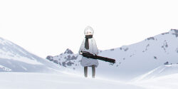 Rule 34 | 1girl, absurdres, coat, expressionless, gun, highres, holding, holding gun, holding weapon, hood, hood up, hooded coat, laluna, long sleeves, mountain, original, outdoors, pantyhose, red eyes, scarf, snow, solo, weapon, weapon request, white hair