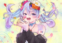 Rule 34 | 1girl, ai kotoba iii (vocaloid), aqua eyes, aqua hair, bandage on face, bandages, bare shoulders, black sleeves, bow, bowtie, cupping hands, detached sleeves, earrings, flower, hair between eyes, hair bow, hair flower, hair ornament, hands up, hatsune miku, heart, heart-shaped pupils, highres, jewelry, looking at viewer, open mouth, own hands together, sahata saba, shirt, symbol-shaped pupils, tattoo, twintails, upper body, vocaloid, white background, white shirt