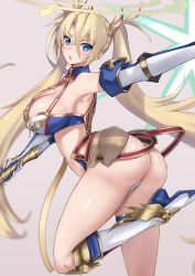 Rule 34 | 1girl, akatsuki ikki, armpits, ass, blonde hair, blue eyes, blush, boots, bradamante (fate), bradamante (third ascension) (fate), braid, breasts, cleavage, commentary request, elbow gloves, fate/grand order, fate (series), french braid, gloves, hair between eyes, hair ribbon, highres, knee boots, large breasts, legs folded, long hair, looking at viewer, open mouth, outstretched arm, parted lips, ribbon, shiny skin, simple background, solo, twintails, very long hair