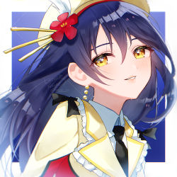 Rule 34 | 1girl, bad id, bad pixiv id, beret, black necktie, blue hair, blush, commentary request, earrings, hair between eyes, hat, highres, jewelry, long hair, looking at viewer, love live!, love live! school idol project, necktie, portrait, simple background, smile, solo, sonoda umi, sore wa bokutachi no kiseki, swept bangs, two-tone background, yellow eyes, yuuyu (moco20111115)