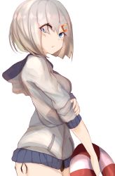 Rule 34 | 10s, 1girl, absurdres, blue eyes, blush, hamakaze (kancolle), highres, hood, hoodie, kantai collection, lifebuoy, looking at viewer, ranf, short hair, silver hair, solo, swim ring