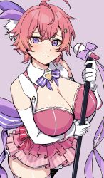 Rule 34 | 1girl, absurdres, ahoge, bare shoulders, breasts, bustier, cleavage, crossed bangs, gloves, guardian tales, hair ornament, highres, holding, idol, idol captain eva, large breasts, looking at viewer, period (anony 83), pink hair, purple eyes, purple ribbon, ribbon, short hair, simple background, solo, white gloves