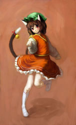 Rule 34 | 1girl, animal ears, bell, binayu, brown hair, cat ears, cat girl, cat tail, chen, female focus, full body, gradient background, hat, multiple tails, red eyes, short hair, skirt, socks, solo, tail, tail bell, tail ornament, touhou