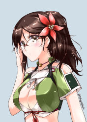 Rule 34 | 10s, 1girl, adjusting eyewear, amagi (kancolle), arm at side, bare shoulders, bespectacled, blush, breasts, cleavage, cleavage cutout, clothing cutout, crop top, glasses, kantai collection, large breasts, long hair, midriff, mikage takashi, mole, mole under eye, ponytail, pouty lips, semi-rimless eyewear, solo, upper body