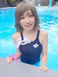 Rule 34 | 1girl, blue eyes, competition swimsuit, cosplay, cosplay photo, grey hair, highres, looking at viewer, love live!, love live! sunshine!!, mi yan 0728, on water, one-piece swimsuit, photo (medium), pool, short hair, smile, swim cap, swimming goggles, swimsuit, watanabe you