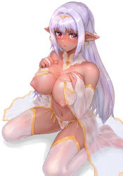 Rule 34 | 1girl, absurdres, blush, breast hold, breasts, dark-skinned female, dark skin, detached collar, earrings, elbow gloves, elf, gloves, highres, jewelry, large breasts, light areolae, long hair, looking at viewer, navel, nipples, open mouth, original, panties, partially fingerless gloves, pointy ears, purple eyes, sasagawa (haikaiki), see-through, short hair, silver hair, simple background, sitting, solo, underwear, wariza, white background, white gloves, white panties