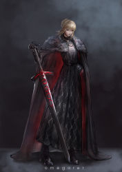 Rule 34 | 1girl, a song of ice and fire, absurdres, artist name, artoria pendragon (all), artoria pendragon (fate), black background, black cape, black dress, black footwear, blonde hair, blood, blood on face, blunt bangs, boots, braid, braided bun, brown eyes, cape, chain, choker, commentary, dress, english commentary, excalibur morgan (fate), fate (series), floating hair, frown, full body, game of thrones, gauntlets, hair bun, hand on hilt, hand on own hip, high heel boots, high heels, highres, long sleeves, o-ring, omegarer, parody, pelt, saber alter, sidelocks, single hair bun, solo, standing, two-sided cape, two-sided fabric, updo