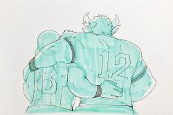 Rule 34 | 2boys, american football uniform, animal ears, aqua theme, arm around shoulder, ass, bara, commentary request, cow boy, cow ears, cow horns, feet out of frame, fiery horns, from behind, tamamura gunzo, hand on another&#039;s back, height difference, highres, horns, male focus, monochrome, multiple boys, muscular, muscular male, pole2walker2, rugby uniform, short hair, spirit, sportswear, tokyo houkago summoners, traditional media, wakan tanka, yaoi