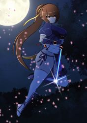 Rule 34 | 1girl, absurdres, ass, breasts, dead or alive, gians noby, highres, jumping, kasumi (doa), large breasts, long hair, looking at viewer, moon, night, ninja, petals, ponytail, sword, tree, weapon