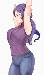 Rule 34 | 1girl, alp, aqua nails, armpits, arms up, breasts, closed mouth, denim, closed eyes, from side, highres, jeans, large breasts, long hair, love live!, love live! school idol project, midriff peek, nail polish, pants, profile, purple hair, purple sweater, simple background, sleeveless, sleeveless sweater, solo, standing, stretching, sweater, tojo nozomi, twintails, white background