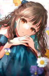 Rule 34 | 1girl, blue dress, blue hair, blush, bow, brown eyes, brown hair, curly hair, dress, flower, hair bow, hair over shoulder, head tilt, highres, hugging own legs, long hair, looking at viewer, multicolored hair, off shoulder, original, own hands clasped, own hands together, puracotte, sparkle