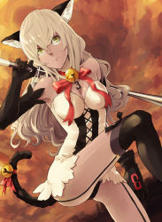 Rule 34 | 1girl, animal ears, bad id, bad pixiv id, bare shoulders, bell, black thighhighs, blonde hair, breasts, cat ears, cat tail, cleavage, collar, corset, cross-laced clothes, dutch angle, elbow gloves, from below, garter straps, gloves, jingle bell, large breasts, leg up, long hair, looking afar, neck bell, ochakai shin&#039;ya, original, ribbon, solo, standing, tail, tail bell, tail ornament, thighhighs, yellow eyes