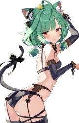 Rule 34 | 1girl, ahoge, animal ear fluff, animal ears, arched back, arm up, ass, bare shoulders, black bra, black panties, black thighhighs, bow, bra, breasts, cat ears, cat girl, cat tail, cowboy shot, detached sleeves, from behind, garter belt, green hair, highres, hololive, leaning forward, lingerie, long sleeves, looking at viewer, looking to the side, panties, petite, red eyes, satoupote, short hair, simple background, small breasts, solo, standing, tail, tail bow, tail ornament, thighhighs, underwear, underwear only, uruha rushia, virtual youtuber, white background