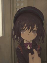 Rule 34 | 1girl, 1other, absurdres, backpack, bag, black hair, blurry, blurry foreground, blush, child, closed mouth, elevator, hair ornament, hairclip, hat, highres, jacket, looking at viewer, mani tamlyn, medium hair, original, pov, uniform