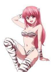 Rule 34 | 1girl, :d, animal print, anime coloring, arm support, arm up, bandeau, bare shoulders, bikini, breasts, cleavage, cosplay, elfen lied, horns, lucy (elfen lied), lum, lum (cosplay), medium breasts, navel, official style, open mouth, orange541, sitting, smile, solo, swimsuit, thighhighs, tiger print, urusei yatsura, white background