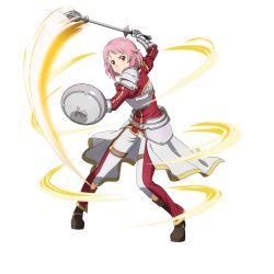 Rule 34 | 1girl, armor, brown footwear, cape, full body, hair ornament, hairclip, highres, holding, holding shield, lisbeth (sao-alo), long sleeves, mace, official art, panties, pointy ears, red eyes, red shirt, shield, shirt, shoulder armor, solo, standing, swept bangs, sword art online, transparent background, underwear, waist cape, weapon, white cape, white panties