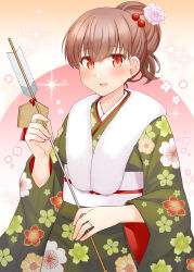 Rule 34 | 1girl, arrow (projectile), blush, brown eyes, brown hair, ema, floral print, fur-trimmed kimono, fur trim, green kimono, hamaya, holding, japanese clothes, jewelry, kantai collection, kimono, long hair, long sleeves, looking at viewer, obi, official alternate costume, ooi (kancolle), open mouth, print kimono, ring, rui shi (rayze ray), sash, smile, solo, upper body, wedding ring, wide sleeves
