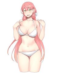 Rule 34 | 1girl, akashi (kancolle), alternate costume, bare arms, bare shoulders, bikini, bikini pull, blush, breasts, clothes pull, commentary request, cowboy shot, cropped legs, gluteal fold, green eyes, hair ribbon, halterneck, highres, kantai collection, large breasts, long hair, looking at viewer, navel, pink hair, ribbon, simple background, smile, solo, string bikini, swimsuit, tress ribbon, white background, white bikini, yuuji (and)