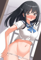 Rule 34 | 1girl, black hair, blue neckwear, blue sailor collar, blurry, blurry background, blush, breasts, brown eyes, commentary request, depth of field, groin, hekomii, highres, indoors, long hair, looking at viewer, medium breasts, navel, no pants, nose blush, open mouth, original, panties, panty pull, pulled by self, sailor collar, shirt, solo, underwear, white panties, white shirt, window