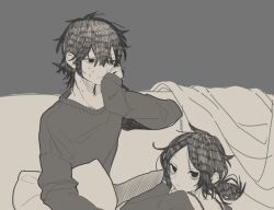 Rule 34 | 1boy, 1girl, amanogawa shiina (artist), black hair, brother and sister, grey background, holding, holding pillow, monochrome, pillow, siblings, sketch, sweat, the coffin of andy and leyley