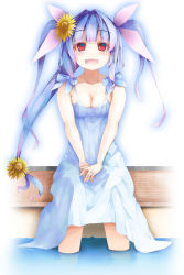 Rule 34 | 1girl, alternate costume, bare arms, bare shoulders, blue dress, blue hair, blunt bangs, blush, breasts, cleavage, dress, flower, fringe trim, hair between eyes, hair ornament, hands on lap, highres, i-19 (kancolle), jewelry, kantai collection, long hair, looking at viewer, medium breasts, momin, multicolored hair, open mouth, outline, pink ribbon, purple hair, red eyes, reflection, reflective water, ribbon, ring, sidelocks, simple background, sitting, smile, soaking feet, solo, spread legs, sunflower, twintails, water, wedding band