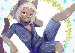 Rule 34 | :d, animal ears, arm behind head, blue shorts, brown eyes, collarbone, commentary request, commission, copyright request, dark skin, diagonal stripes, feet out of frame, grey hair, hand up, korean commentary, kou hiyoyo, leg up, looking at viewer, open mouth, ponytail, short eyebrows, shorts, skeb commission, smile, solo, striped background, striped clothes, striped shorts, tail, thick eyebrows, vertical-striped clothes, vertical-striped shorts, white background