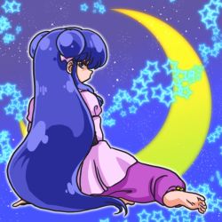 Rule 34 | 1girl, arm support, barefoot, blue hair, chinese clothes, crescent moon, from behind, full body, long hair, looking at viewer, looking back, moon, night, night sky, pants, pink shirt, purple eyes, purple pants, ranma 1/2, shampoo (ranma 1/2), shirt, sitting, sky, solo, star (symbol), starry background, wanta (futoshi)