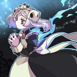 Rule 34 | apron, bloody marie (skullgirls), blue fire, bow, brooch, cowboy shot, dress, fal0811, fire, grey hair, hair ornament, hands together, jewelry, maid, maid headdress, red eyes, skull hair ornament, skullgirls, twintails