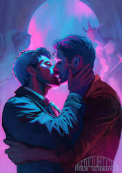 Rule 34 | 2boys, angel, beard, castiel, closed eyes, coat, couple, cowboy shot, dean winchester, face-to-face, facial hair, full beard, hand on another&#039;s head, highres, imminent kiss, male focus, mature male, multiple boys, short hair, stubble, supernatural (tv series), thefriendlypigeon, trench coat, yaoi