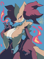 Rule 34 | 1girl, absurdres, animal ear fluff, animal ears, blue background, breasts, bright pupils, cleavage, commentary, contrapposto, cowboy shot, creatures (company), dated, delphox, fire, fox ears, fox tail, furry, furry female, game freak, gen 6 pokemon, hand up, highres, huge breasts, large breasts, looking at viewer, multicolored fur, nintendo, nyaswitchnya, open mouth, pokemon, pokemon (creature), profile, red eyes, red fur, red nose, signature, simple background, slit pupils, solo, symbol-only commentary, tail, tsurime, white fur, white pupils, yellow fur