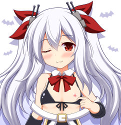 Rule 34 | 1girl, azur lane, bare shoulders, bikini, bikini top only, black bikini, black dress, bow, breasts, closed mouth, collar, detached collar, detached sleeves, dress, fang, fang out, front-tie bikini top, front-tie top, hair between eyes, hair ornament, hair ribbon, head tilt, heart, long hair, long sleeves, looking at viewer, nagana sayui, nipples, red bow, red eyes, red ribbon, revision, ribbon, sidelocks, silver hair, small breasts, smile, solo, swimsuit, twintails, vampire (azur lane), very long hair, white background, white collar, wing collar