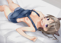 Rule 34 | 1girl, bare arms, bare legs, bare shoulders, blush, breasts, brown hair, commentary request, hair ornament, hands up, highres, long hair, lying, medium breasts, miyuki (yxbt7), naked overalls, nipples, on back, on bed, open mouth, original, overalls, purple eyes, solo