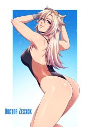 Rule 34 | 1girl, arms up, ass, bare arms, bare shoulders, blonde hair, breasts, curvy, doctor zexxck, eyewear on head, large breasts, long hair, looking at viewer, looking back, original, purple eyes, smile, solo, sunglasses, sunglasses on head, swimsuit, thighs, wristband