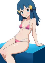 Rule 34 | 1girl, absurdres, alternate costume, aqua eyes, arm support, bikini, blush, breasts, closed mouth, commentary, creatures (company), curvy, dawn (pokemon), embarrassed, eyelashes, game freak, hair ornament, hairclip, highres, knees, leaning back, long hair, looking at viewer, micro bikini, mnkr98, navel, nintendo, pink bikini, pokemon, pokemon dppt, shiny skin, sidelocks, sitting, small breasts, solo, split mouth, swimsuit, thong, thong bikini, white background, wide hips