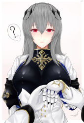 Rule 34 | 1girl, archstreal, azur lane, breasts, gauntlets, gloves, grey hair, hair between eyes, hair ribbon, highres, long hair, looking at viewer, marriage proposal, mole, mole under eye, red eyes, ribbon, saint-louis (azur lane), simple background, solo, solo focus, tagme, white background, white gloves
