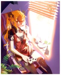 Rule 34 | 1girl, absurdres, bird, black thighhighs, blonde hair, controller, cup, demon tail, demon wings, dress, drinking, from above, game controller, headphones, headphones around neck, highres, horns, huge filesize, long hair, loose thighhigh, original, pointy ears, sitting, smile, solo, sunlight, tail, teacup, thighhighs, twintails, vofan, wings, yellow eyes