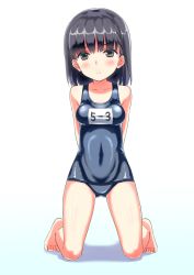 Rule 34 | 1girl, arms behind back, bad id, blush, breasts, child, eyebrows, feet, female focus, full body, mo-ro, school swimsuit, shadow, shiny clothes, simple background, solo, swimsuit, white background