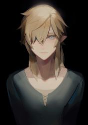 Rule 34 | 1boy, arms at sides, black background, blonde hair, blue eyes, blue shirt, closed mouth, colored eyelashes, cross-laced clothes, frown, hair down, hair over one eye, highres, link, looking at viewer, male focus, medium hair, meru02295238, nintendo, pointy ears, sad, shirt, simple background, solo, the legend of zelda, upper body