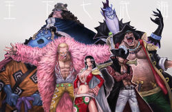 Rule 34 | 1girl, 6+boys, abs, amazon warrior, animal ears, bartholomew kuma, bear ears, beard, belt, black hair, blonde hair, blue skin, boa hancock, boyaking, breasts, cape, cleavage, coat, colored skin, cross, crossed arms, donquixote doflamingo, dracule mihawk, earrings, epaulettes, evil smile, facial hair, gecko moria, gloves, groin, gun, handgun, hands on own hips, hat, horns, jacket, jewelry, jinbe (one piece), long coat, long hair, marshall d. teach, missing tooth, monster boy, multiple boys, muscular, mustache, navel, necklace, one piece, open clothes, open jacket, outstretched arms, pale skin, pendant, pistol, purple hair, sash, sharp teeth, short hair, smile, spread arms, standing, stitches, sunglasses, sword, teeth, tongue, tusks, weapon, white skin, yoru (sword)