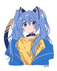 Rule 34 | 1girl, 3774., animal ears, artist name, belt collar, black collar, blue eyes, blue hair, blue jacket, cat ears, cat tail, collar, commentary, cropped torso, hair between eyes, hatsune miku, highres, jacket, long hair, shirt, simple background, solo, sweat, tail, twintails, upper body, vocaloid, white background, yellow shirt