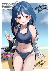 Rule 34 | 1girl, absurdres, alternate costume, alternate hairstyle, arm support, artist name, beach, bikini, blue archive, blue bikini, blue hair, breasts, collarbone, dated, doughnut, english text, feet out of frame, food, fubuki (blue archive), grey hair, grin, halo, head tilt, highres, jacket, long hair, looking at viewer, melissa 2.0, mixed-language commentary, multicolored hair, navel, off shoulder, red eyes, signature, sitting, small breasts, smile, solo, speech bubble, stomach, streaked hair, swimsuit, white jacket