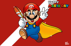 1boy, birthday, blue eyes, brown hair, cape, character name, facial hair, full body, gloves, grin, hat, looking at viewer, mario, mario (series), mustache, nintendo, open mouth, running, smile, solo, super mario world, v, yellow cape