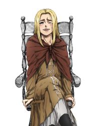 Rule 34 | 1girl, blush, brown dress, chair, crossed legs, daisx (dais0115), dress, feet out of frame, happy, highres, krista lenz, long hair, looking at viewer, official style, on chair, one eye closed, shingeki no kyojin, sidelocks, smile, solo, white background