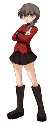 Rule 34 | 1girl, absurdres, black footwear, black skirt, boots, braid, braided ponytail, brown eyes, brown hair, closed mouth, commentary, crossed arms, full body, girls und panzer, hair ornament, hair over shoulder, hairclip, highres, jacket, knee boots, long hair, long sleeves, looking at viewer, military uniform, miniskirt, pleated skirt, red jacket, rukuriri (girls und panzer), salute, shibainutank, simple background, single braid, skirt, smile, solo, st. gloriana&#039;s military uniform, standing, two-finger salute, uniform, white background